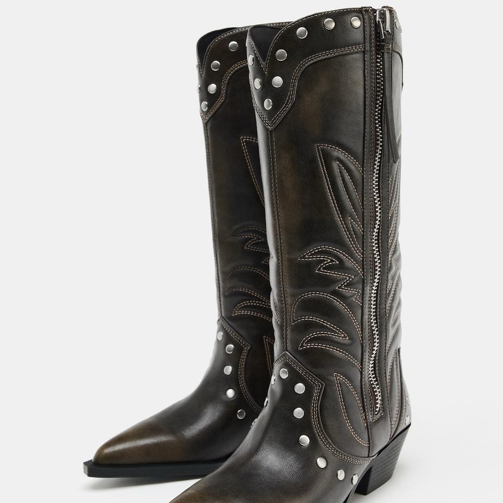 Studded Western Knee-High Boots in Distressed Dark Brown
